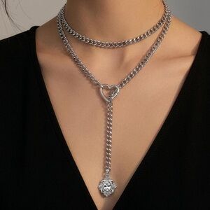 Elizabeth Silver Layered  Crystal Long Necklace